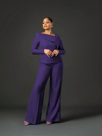 女士秋冬优雅通勤两件套办公室弹力长袖斜领露肩修身上衣高腰喇叭裤套装