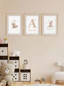 3 Stück Rahmenlose / Holzrahmen personalisierte Namenskunst Cartoon Bär Leinwandposter Mond Sterne Hintergrund Hängende Bilder Boho Wandkunst Mädchen Schlafzimmer Kinderzimmer Babyzimmer Wanddekoration Geschenk, Valentinstag, Valentinstag Dekoration, schimmelbeständig, stilvoll, niedlich, farbenfrohe Personalisierung, einzigartig, ideale Geschenke für sie, Freunde, Sohn, Tochter, Schüler, Mitarbeiter, Kinder Schule, Zuhause, Büro Abschluss, gemütlicher Sommer