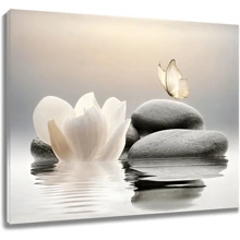 1 pieza Arte de pared de lienzo con diseño floral y de mariposa sobre piedra, pintura enmarcada moderna para yoga, spa, espiritualidad, decoración de baño, dormitorio, sala de estar, marco de madera, pósteres, decoración de pared, decoración de habitación - Multicolor - Ver 2