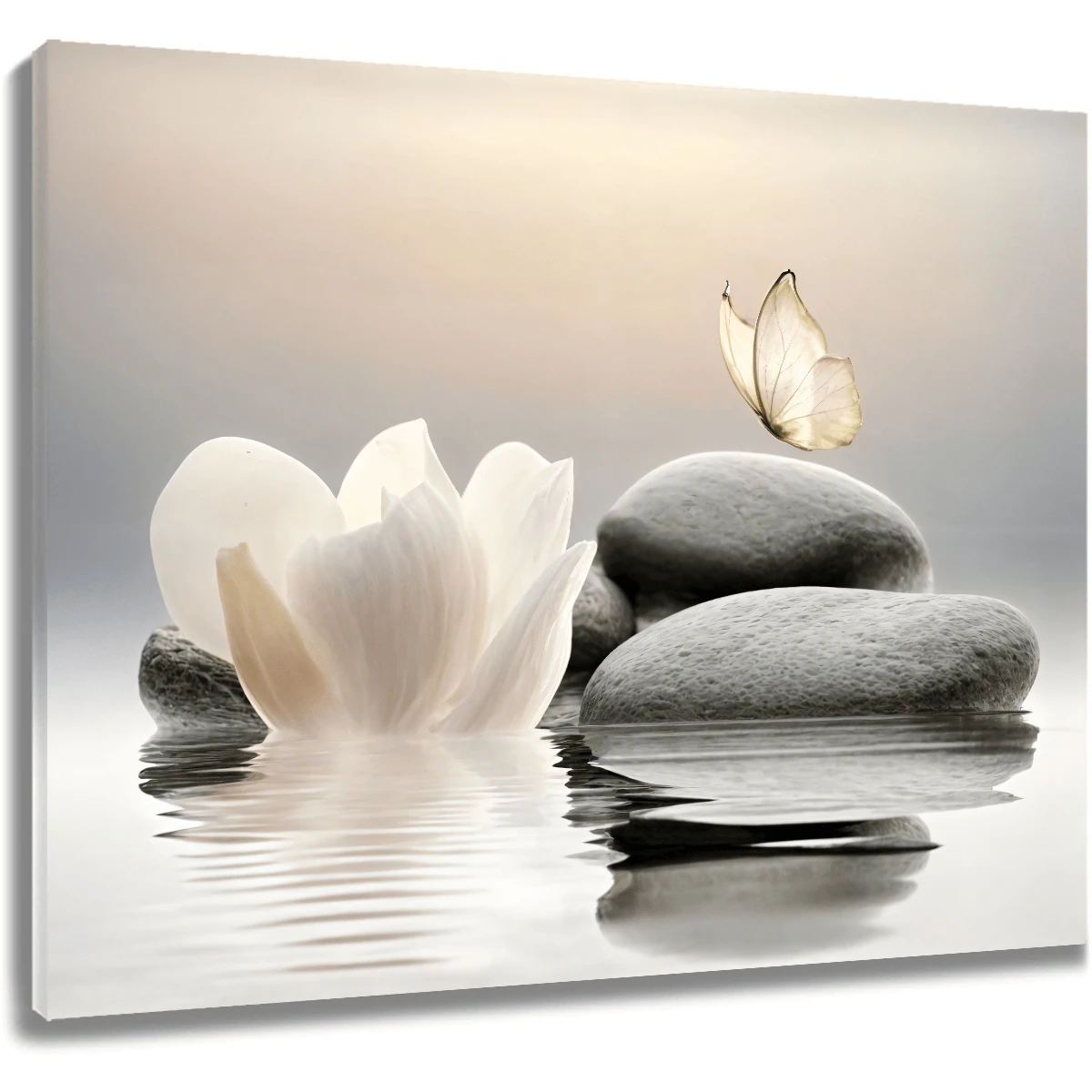 1 pieza Arte de pared de lienzo con diseño floral y de mariposa sobre piedra, pintura enmarcada moderna para yoga, spa, espiritualidad, decoración de baño, dormitorio, sala de estar, marco de madera, pósteres, decoración de pared, decoración de habitación