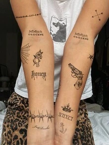 9 件/套小尺寸人体艺术临时纹身贴纸，男女皆宜，黑色哥特式蜘蛛网墙线指甲英文文字图案，防水假纹身，持续 2-5 天，遮盖疤痕，可用于手臂手腕肩膀腿腰颈手胸部大腿手指脚踝，适用于派对、礼物、度假、身体装饰 - 黑色 - 查看 3