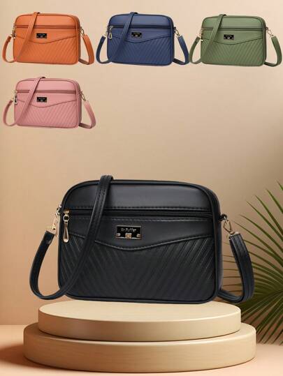 1pc Fashion Girl's Choice Four-Zipper Women's Shoulder Bag, Casual Minimalist Striped Pattern Ladies Crossbody Bag, Adjustable Strap Camera Bag Shopping Tote, Large Capacity Multi-Functional Multi-Layer Women's Handbag