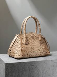 Luxury Crocodile Pattern Handbag, Retro Genuine Purse, Women's Classic Boston Bag & Shoulder Bag - 卡其色 - 查看 3