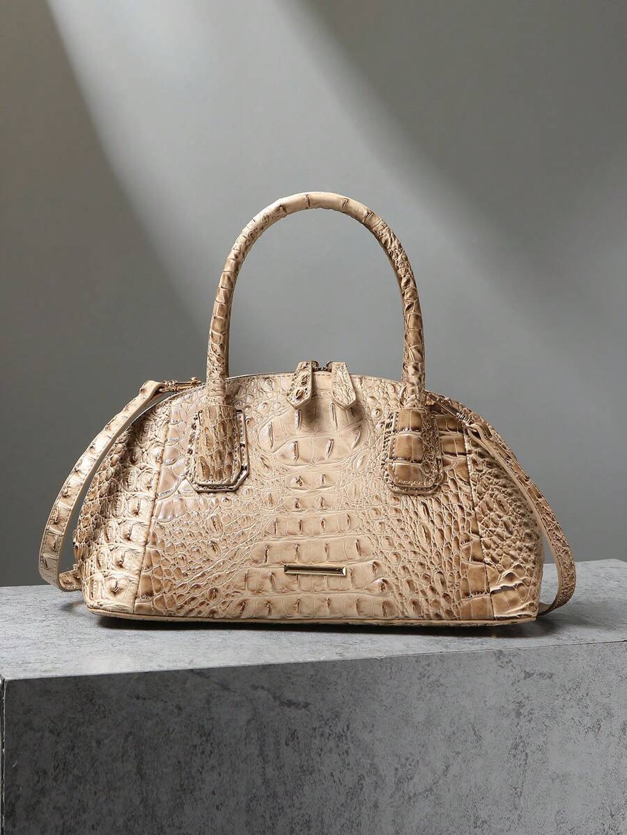Luxury Crocodile Pattern Handbag, Retro Genuine Purse, Women's Classic Boston Bag & Shoulder Bag - 卡其色 - 查看 1