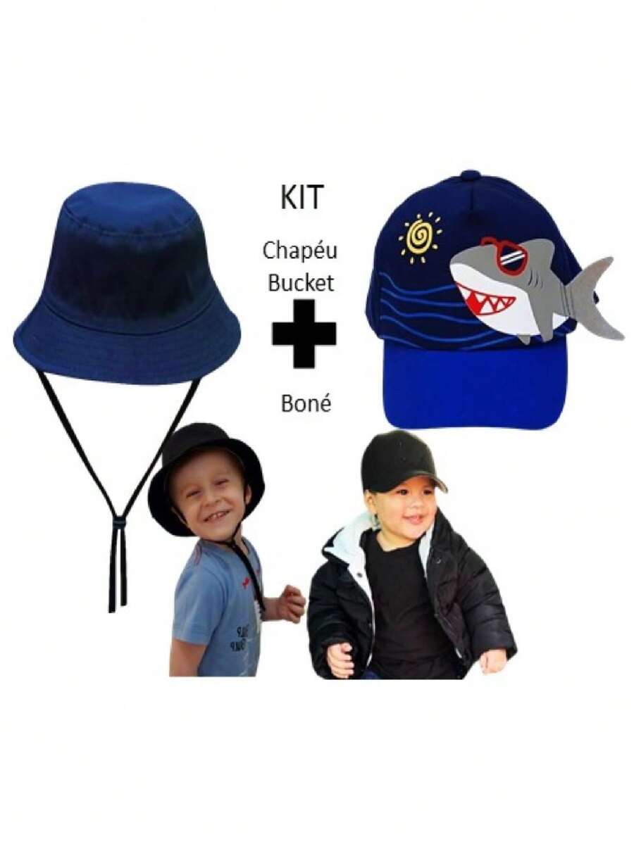 KIT NAVY BLUE BUCKET HAT + SHARK CAP FITS FROM 1 YEAR TO 3 YEARS BEACH CHILDREN BABY - Màu xanh lam - Xem 1