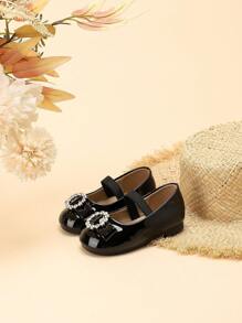 1 Pair Kids Rhinestone Buckle Waterproof Anti-Slip Round Toe Casual Flats, Fashion & Versatile, Suitable For Spring, Summer & Autumn - Black - View 1