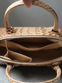 Luxury Crocodile Pattern Handbag, Retro Genuine Purse, Women's Classic Boston Bag & Shoulder Bag - 卡其色 - 查看 7