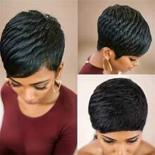 4inch Short Pixie Cut Wig With Bangs Remy Human Hair Full Machine Made Non-Lace Cap Wig - SNatural - View 1