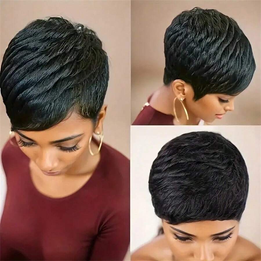 4inch Short Pixie Cut Wig With Bangs Remy Human Hair Full Machine Made Non-Lace Cap Wig - SNatural - View 1