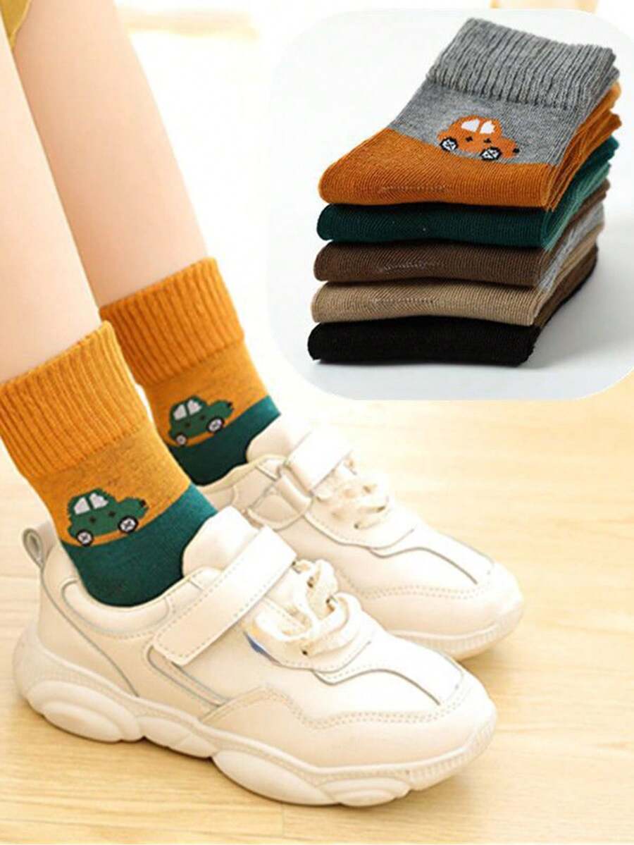 5 双/包幼儿男孩/女孩可爱卡通汽车图案针织袜，休闲、舒适、温暖，适合秋冬季，适合室内、室外和学校使用，适合 3-8 岁儿童 - 彩色 - 查看 1