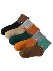 5 双/包幼儿男孩/女孩可爱卡通汽车图案针织袜，休闲、舒适、温暖，适合秋冬季，适合室内、室外和学校使用，适合 3-8 岁儿童 - 彩色 - 查看 2