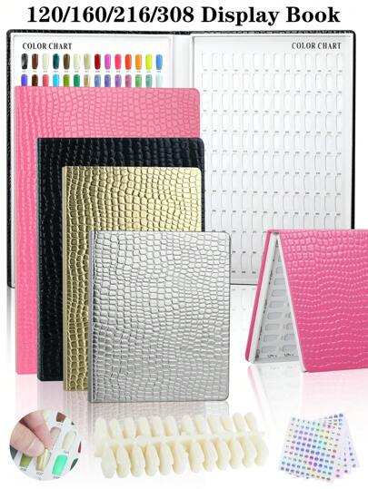 308/216/160/120 Marble Texture Professional Nail Art Display Book, DIY Nail Polish Color Chart Display Board, Includes Fake Nails Tools And Numbered Stickers, Premium Texture