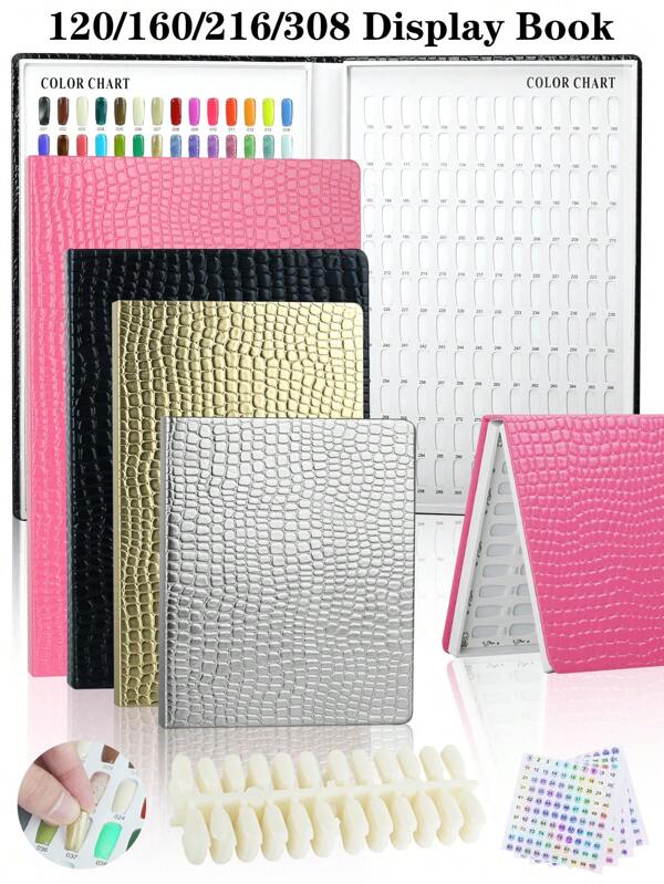 308/216/160/120 Colors Stone Pattern Professional Model Nail Tips Display Book DIY Nail Art Showing Shelf Gel Nail Polish Color Card Chart Painting Dedicated Display Board With Fake Nails Tools And Number Stickers,Advanced Texture