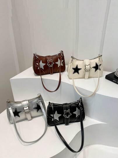 1个纹理时尚链条个性化星星斜挎包，甜美酷炫的西部风腋下包，PU材质，拉链封口，星星印花图案，可肩背或手提，适合女生日常上学、户外旅行、送朋友等场合，可装手机，简约斜挎包
