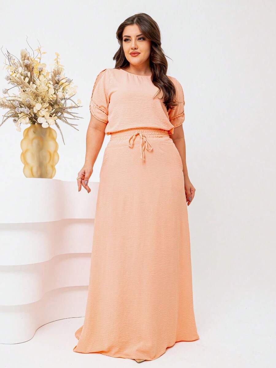 Women's Summer Set Long Lined Skirt And Blouse With Openings On The Sleeves S To XL - 珊瑚橙 - 查看 1