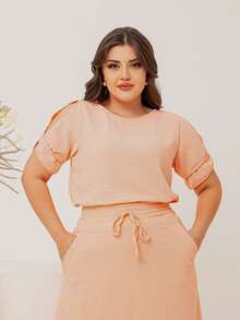 Women's Summer Set Long Lined Skirt And Blouse With Openings On The Sleeves S To XL - 珊瑚橙 - 查看 2