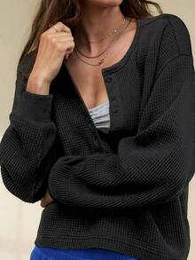 New Autumn/Winter European Women's Casual Minimalist Loose Street Style Waffle Knit Versatile Sweatshirt - Black - View 5