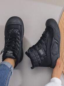 女士时尚黑色格子保暖靴，厚底百搭羊毛靴，高帮系带羊毛短靴，适合冬季 - 黑色 - 查看 6