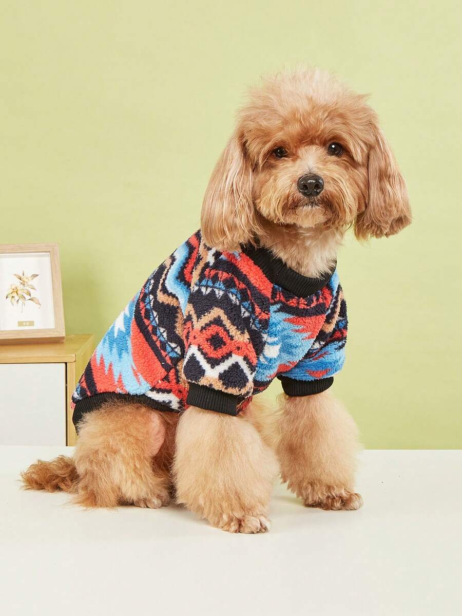 EOO 1pc Cat & Dog Universal Fashionable New Ins Style Warm Geometric Pattern Autumn/Winter Plush Pet Sweatshirt - Multicolor - View 1