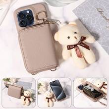 1 件 iPhone 系列防摔 PU 皮革保护壳，采用熊图案设计，配有挂绳、拉链钱包、卡槽 - 卡其色 - 查看 2