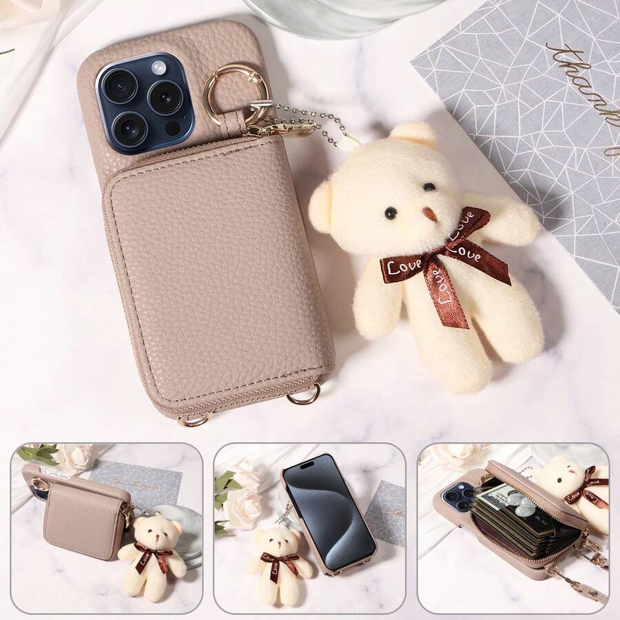 1 件 iPhone 系列防摔 PU 皮革保护壳，采用熊图案设计，配有挂绳、拉链钱包、卡槽