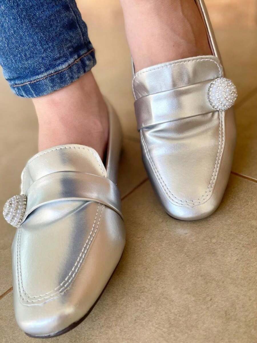 Women's Patent Leather Moccasin With Rhinestone Buttons - Bạc - Xem 1