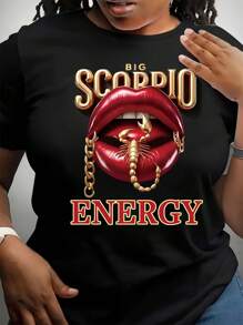 Plus Size Women's Fashion Round Neck Short Sleeve T-Shirt With Red Lips & Golden Scorpio Print, For Summer - Black - View 1
