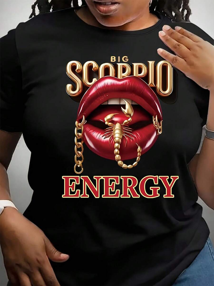 Plus Size Women's Fashion Round Neck Short Sleeve T-Shirt With Red Lips & Golden Scorpio Print, For Summer - Black - View 1