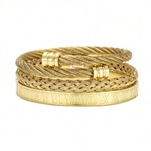 3pcs European And American Fashion Steel Wire Braided Bangle Set With Round Ends And Roman Numerals, Stainless Steel Bracelets For Women
