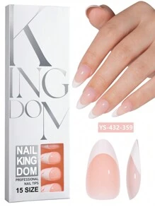 Nail Kingdom 120 piezas/caja Uñas postizas blancas francesas de almendra media, 15 tamaños diferentes. Puntas de uñas falsas profesionales previamente imprimadas con un recubrimiento superior 3 en 1 de gel suave para manualidades de manicura DIY