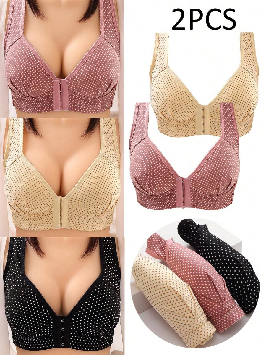 2 Pieces Push-Up Bra For Women, Adjustable Bra Front Buckle And Without Steel Ring 2pcs, Without Rims, Adjustable, Two-Piece Set, Comfortable And Breathable - Pink - View 1