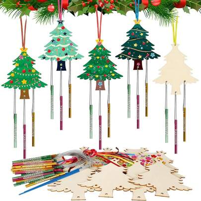 1pc/conjunto de kit de artesanato de Natal de madeira faça você mesmo - enfeites de sinos de vento para decoração de festas e feriados, inclui mais de 10 fatias de árvore de Natal, 30 tubos de sinos de vento em 3 cores, 2 pincéis, fio de prata, fitas e strass, Natal