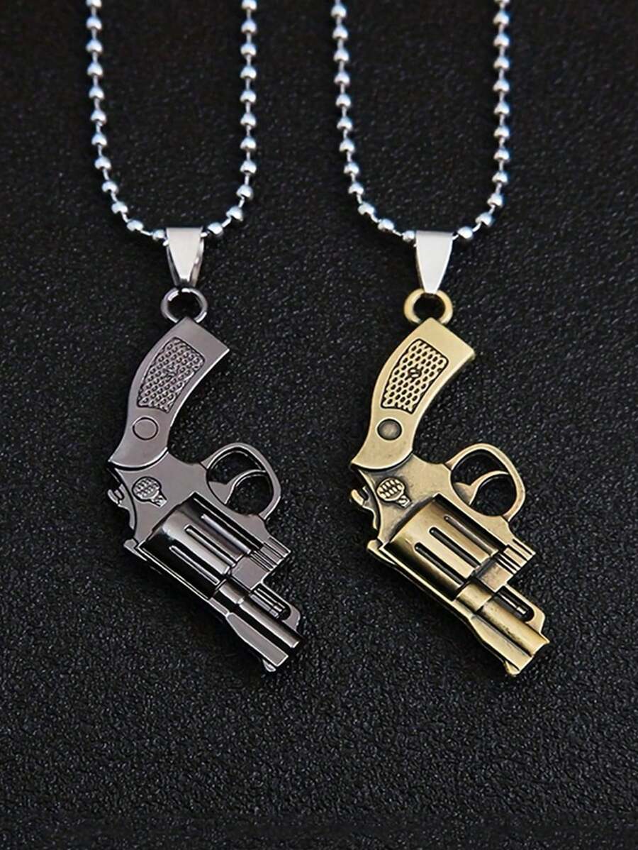 Retro-Style Pistol Revolver Gun Shaped Pendant Necklace - Stainless Steel Chain Jewelry For Men And Women