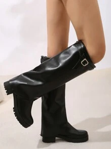 Damen Simplee gestreifte gefaltete Schaft Runde Spitze Plateausohle Kniehohe Stiefel