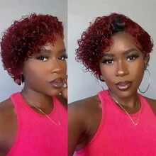BINF T1B/99J Short Bob Curly Pixie Cut Wig 13X1 HD Transparent Lace Human Hair Wigs For Black Remy Deep Curly Lace Wig Pre Plucked Hairline - Burgundy & Đỏ đô - Xem 6