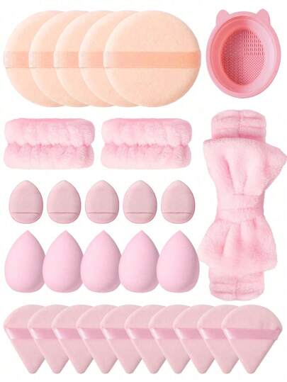 29/1 Conjunto de esponja de maquiagem, pó de maquiagem, liquidificador de maquiagem, kit de ferramentas de maquiagem: 5 esponjas de maquiagem, 10 pó triangulares, 5 mini pó de almofada de ar, 5 pó redondos, 1 faixa de cabeça, 2 suportes de tigela, 1 ferramenta de limpeza de pincel de maquiagem, adequado para paleta de sombras, pincéis de maquiagem, sombra líquida, base, delineador, batom, brilho labial, pincel de lábios, pincel de sombra, pincel de base, gel de cabelo, cílios postiços, cola para cílios, touca de banho, perfume, organizador de batom, adequado para viagens, férias, festa, viagem de negócios