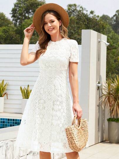 Elegant Round Neck Short Sleeve Skirt Lace Wedding Dress Bridesmaid Bride Bridal Cocktail Sbachelorette Party Engagement Bride Bridesmaid Bride Wedding Cocktail Party Formal Prom Bachelorette Engagement