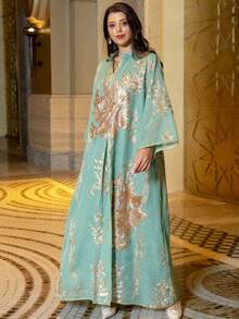 1 件金色亮片刺绣连衣裙，优雅晚礼服，朴素长袖连衣裙