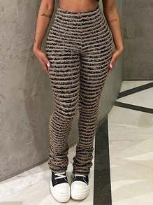 Women's Layered Striped Plush Knitted Ultra-Long Pants Sexy Warm Women's Leggings New Year Women's Clothing - màu nâu - Xem 4