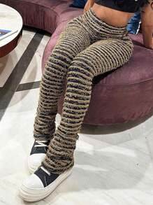 Women's Layered Striped Plush Knitted Ultra-Long Pants Sexy Warm Women's Leggings New Year Women's Clothing - màu nâu - Xem 3