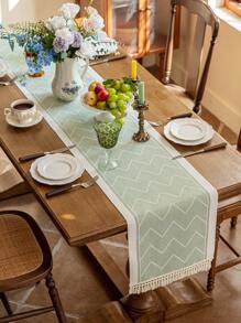 1pc Table Runner, Green Wavy Pattern, Waterproof Fabric, Tassel Decor, Suitable For Home, Party, Hotel, Restaurant Dining Table Decoration - Green - View 6