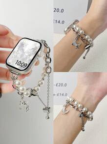 1pc Faux Pearl Bracelet Stainless Steel Watch Band Compatible With IWatch 46/38/40/41/42/44/45/49mm, Applicable To Series 10/9/Ultra/SE/8/7/6/5/4/3/2/1, Mi Band 9Pro/8Pro, Watch Fit 4/3/2/1, Redmi Watch 5/4