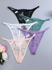 5 件女式纯色蕾丝花朵紧腰低腰性感丁字裤套装，女士内衣 - 彩色 - 查看 3