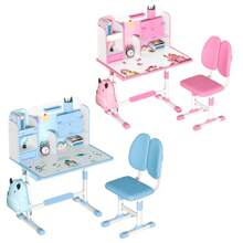 2Pcs/Set Kids Study Desk Chair Set, Height Adjustable Children School Study Table Chair Set With Sitting Corrector, Ergonomic Desk Chair With Book Stand, Foot Pedal, Partition Design (Pink, Blue)