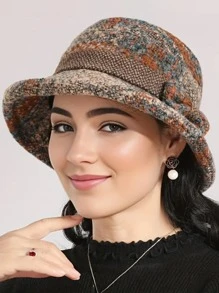 Elegante sombrero tipo balde con decoración de lazo y bloques de color, sombrero tipo balde casual para exteriores, deportes, cálido y cortavientos con ala ancha, sombrero mini para fiesta en invierno y otoño - Multicolor - Ver 4