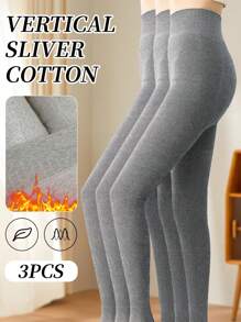 3件装秋冬季羊绒保暖高腰收腹竖条打底裤女高品质边缘设计保暖连裤袜 - 淺灰色 - 查看 1