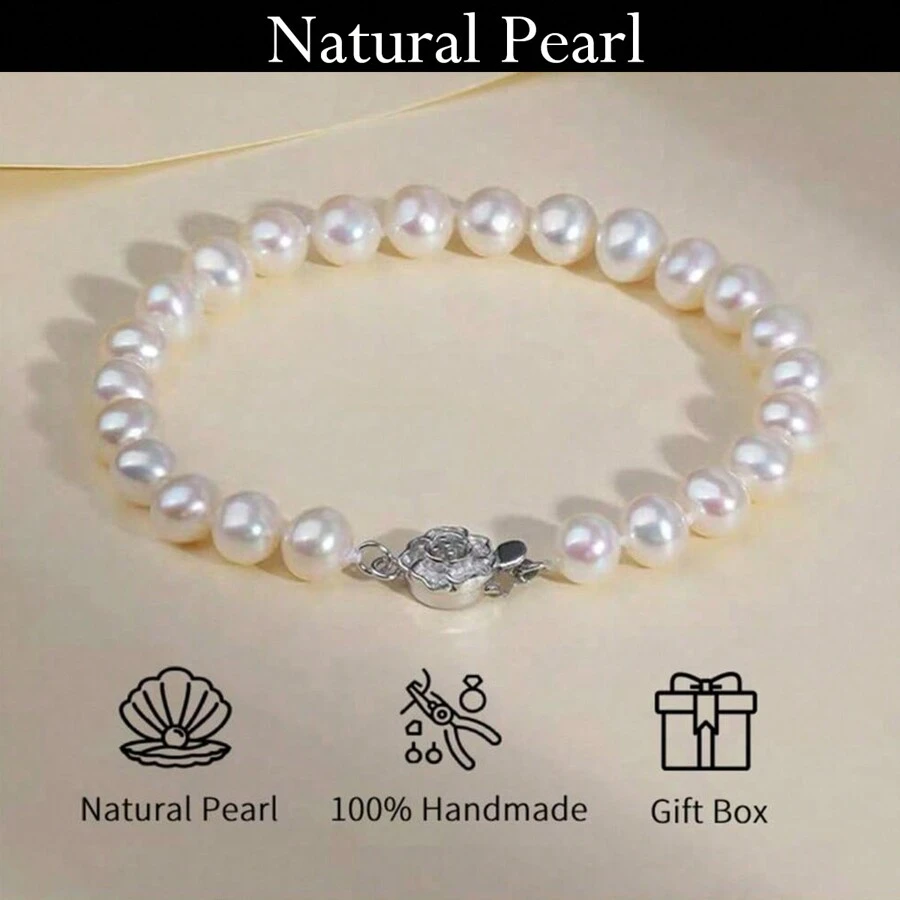 MYSOYA Pulseira de Pérola de Água Doce Branca Falsa 100% Feita à Mão, Pérola Falsa de 7-8mm, com Caixa de Presente - Um Presente Perfeito para Ele/Ela, Adequado para Uso Diário, Aniversário, Aniversário de Casamento, Dia dos Namorados, Ano Novo