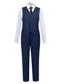 青少年男童西装三件套幼儿燕尾服礼服戒指持有人服装婚礼背心裤子吊带正式西装儿童海军蓝尺码 4-16 岁 - 藏蓝色 - 查看 5