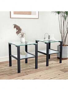 Set Of 2, Glass Two Layer Tea Table, Small Round Table, Bedroom Corner Table, Living Room Side Table,White - 透明+強化玻璃-1 - 查看 1