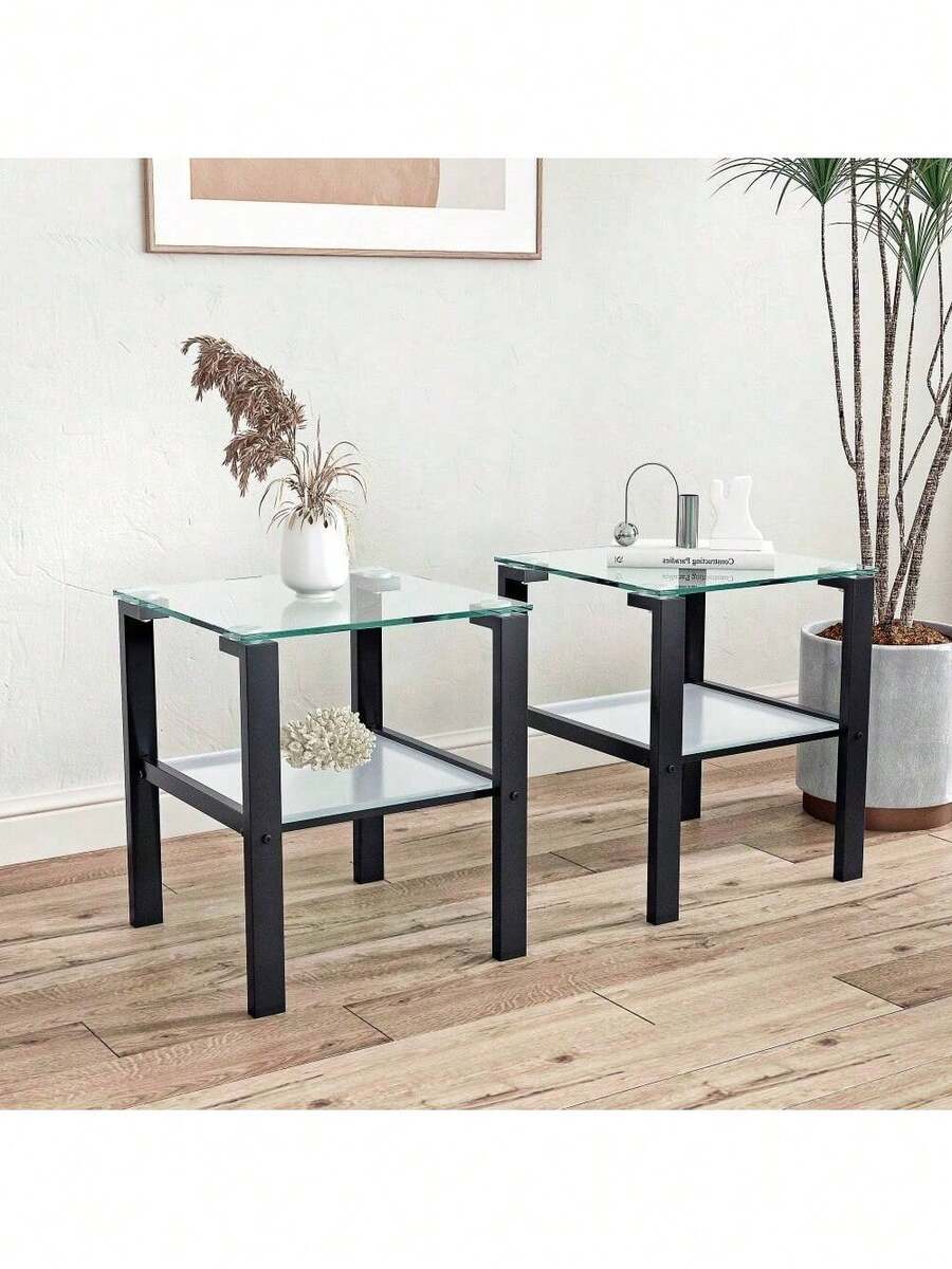 Set Of 2, Glass Two Layer Tea Table, Small Round Table, Bedroom Corner Table, Living Room Side Table,White - 透明+強化玻璃-1 - 查看 1